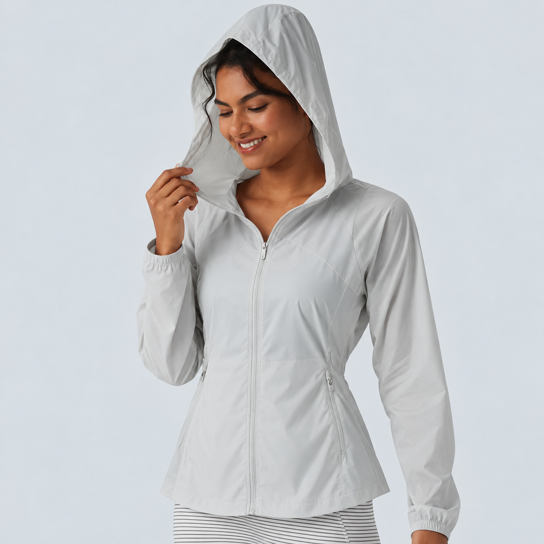 Hooded Drawstring Contrast Mesh Workout Jacket with Pockets